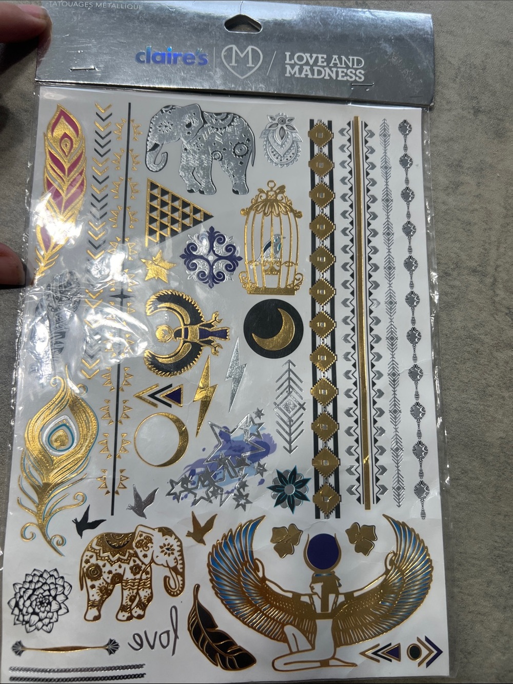 Claire's Metallic Temporary Tattoo Sheet – Gold, Silver, Navy, Blue